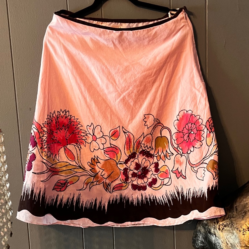 Vintage Curuso Pink Flowers Skirt with Rhinestones watercolor Size LG Y2K Boho